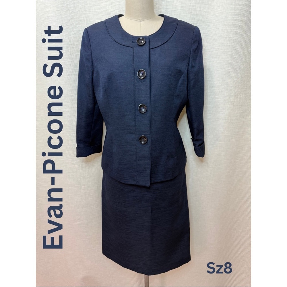 Evan Picone Navy Skirt Suit Set Size 8 Career Office Classic Jacket Top